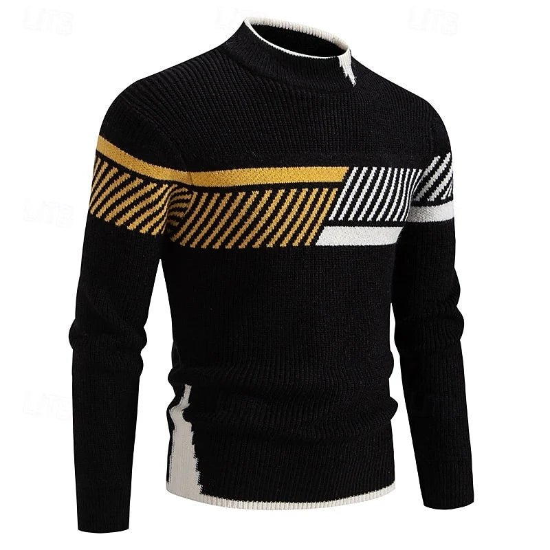 Men's black colorblock Mock Neck Sweater with Ribbed Knit Trim