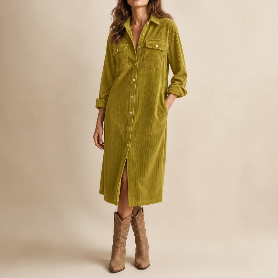 Women's chartreuse corduroy shirt dress