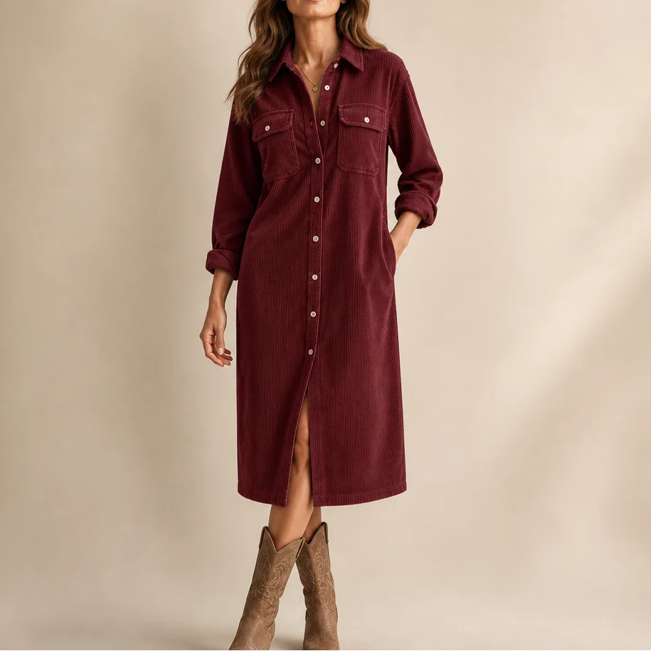 Women's burgundy corduroy shirt dress