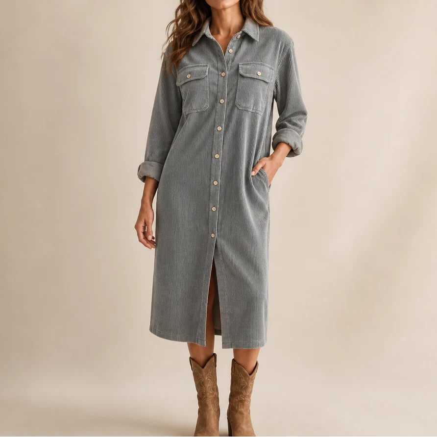 Women's gray corduroy shirt dress