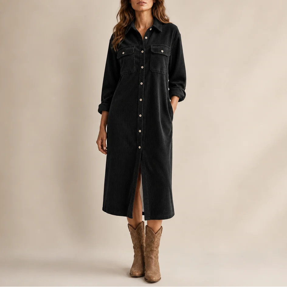 Women's black corduroy shirt dress