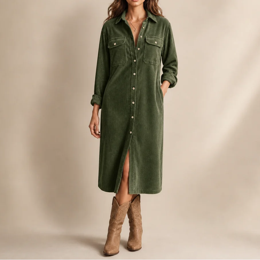 Women's olive green corduroy shirt dress