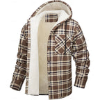 Men's khaki hooded Flannel Shirt Jacket with Cozy Sherpa Lining