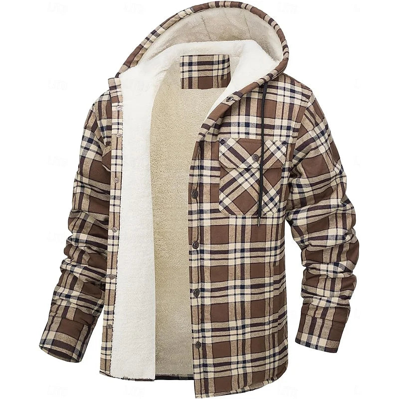 Men's khaki hooded Flannel Shirt Jacket with Cozy Sherpa Lining