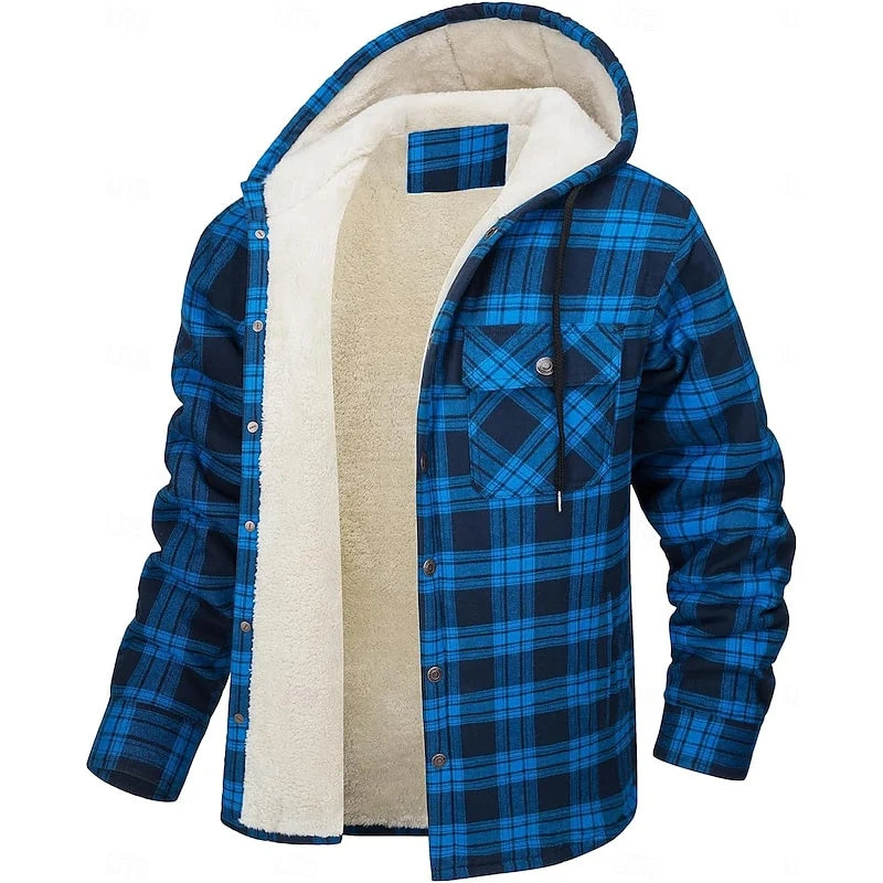 Men's orange hooded Flannel Shirt Jacket with Cozy Sherpa Lining