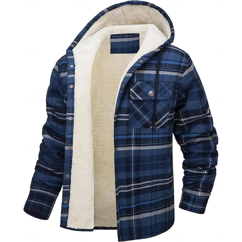 Men's orange hooded Flannel Shirt Jacket with Cozy Sherpa Lining