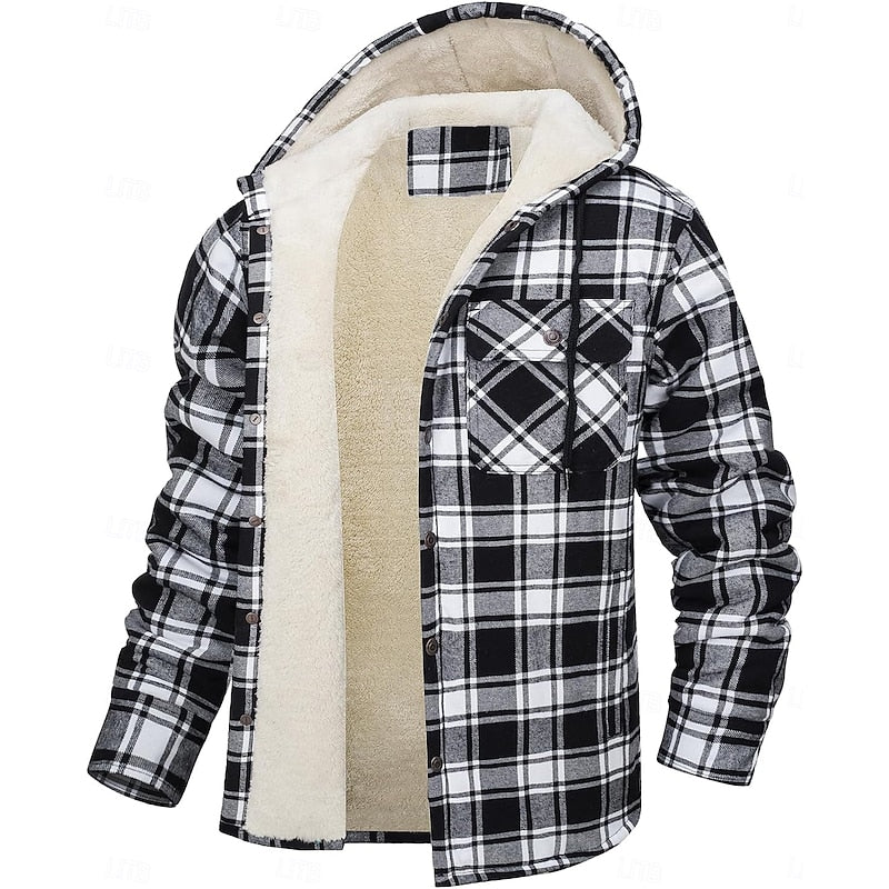 Men's orange hooded Flannel Shirt Jacket with Cozy Sherpa Lining