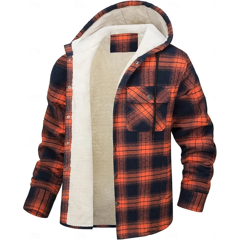 Men's orange hooded Flannel Shirt Jacket with Cozy Sherpa Lining