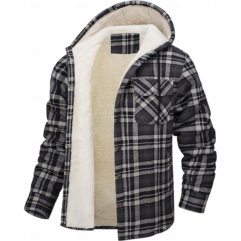 Men's orange hooded Flannel Shirt Jacket with Cozy Sherpa Lining
