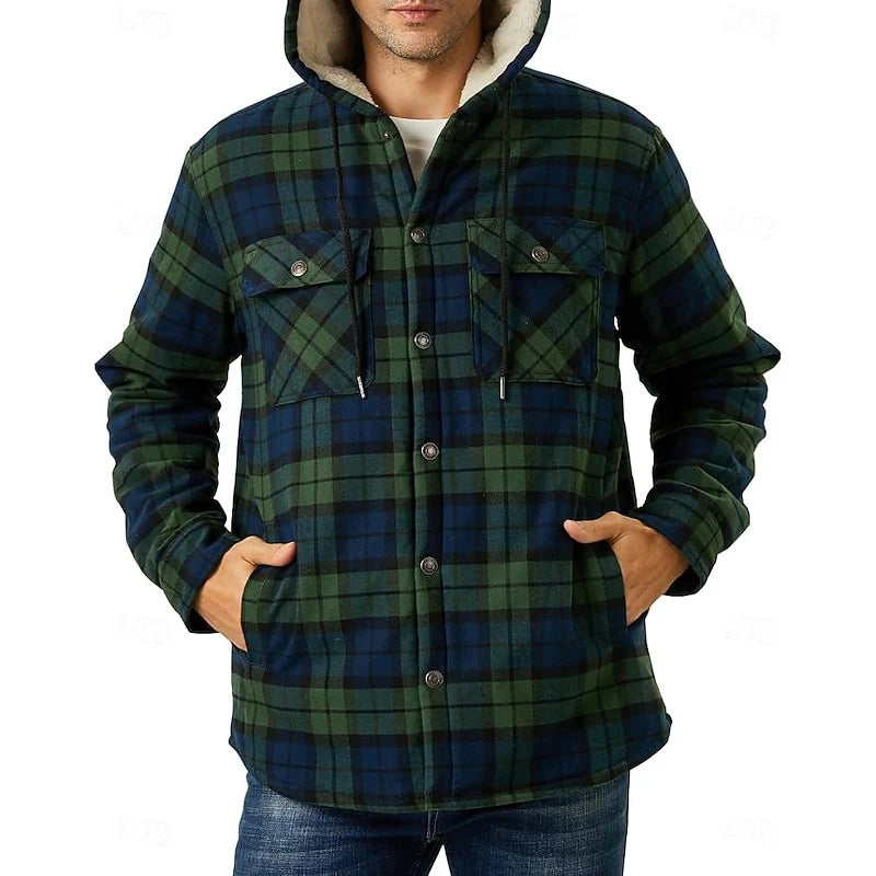 Men's orange hooded Flannel Shirt Jacket with Cozy Sherpa Lining