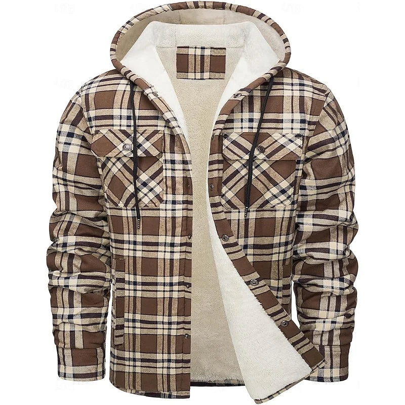 Men's royal blue hooded Flannel Shirt Jacket with Cozy Sherpa Lining