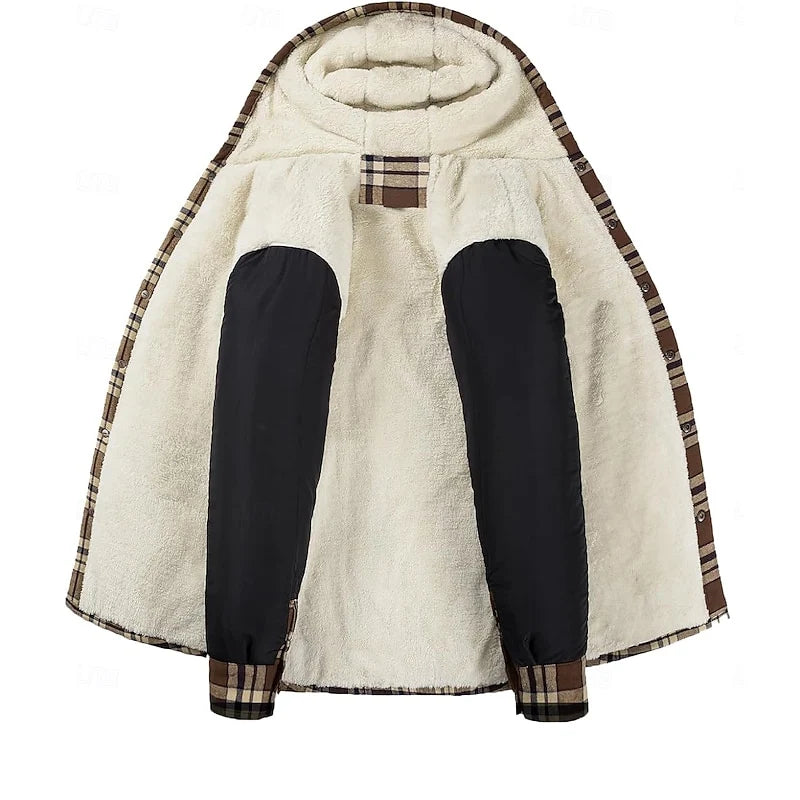 Men's black hooded Flannel Shirt Jacket with Cozy Sherpa Lining