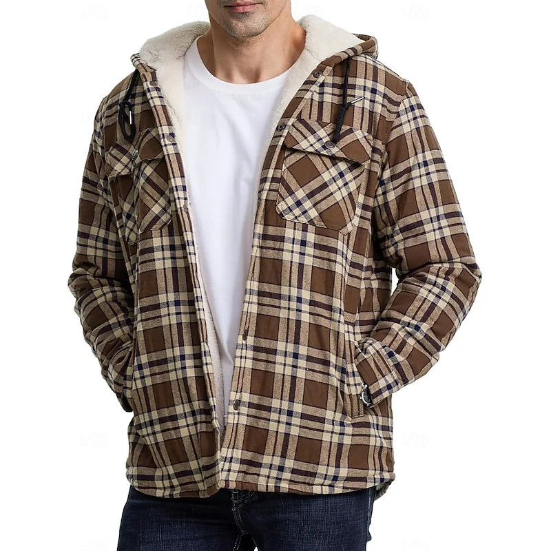 Men's navy blue hooded Flannel Shirt Jacket with Cozy Sherpa Lining