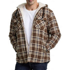 Men's navy blue hooded Flannel Shirt Jacket with Cozy Sherpa Lining
