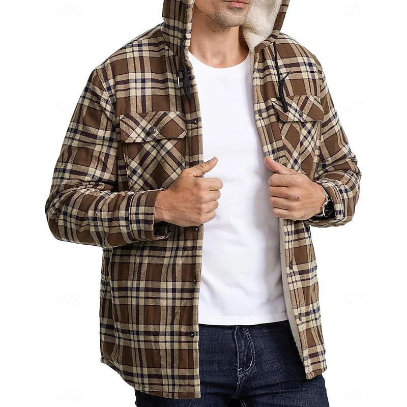 Men's green hooded Flannel Shirt Jacket with Cozy Sherpa Lining