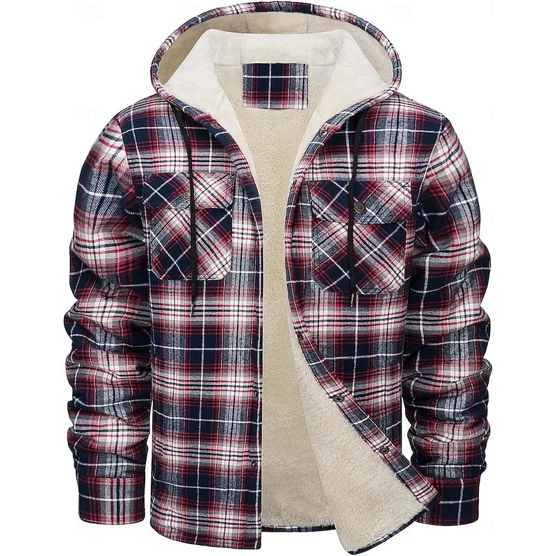 Men's orange hooded Flannel Shirt Jacket with Cozy Sherpa Lining