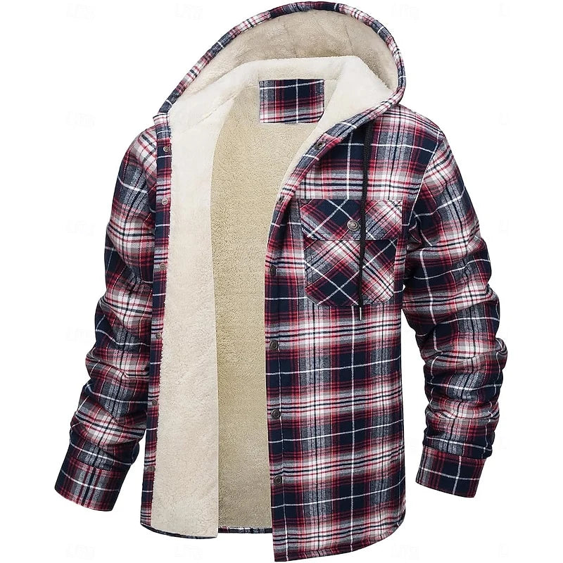 Men's orange hooded Flannel Shirt Jacket with Cozy Sherpa Lining