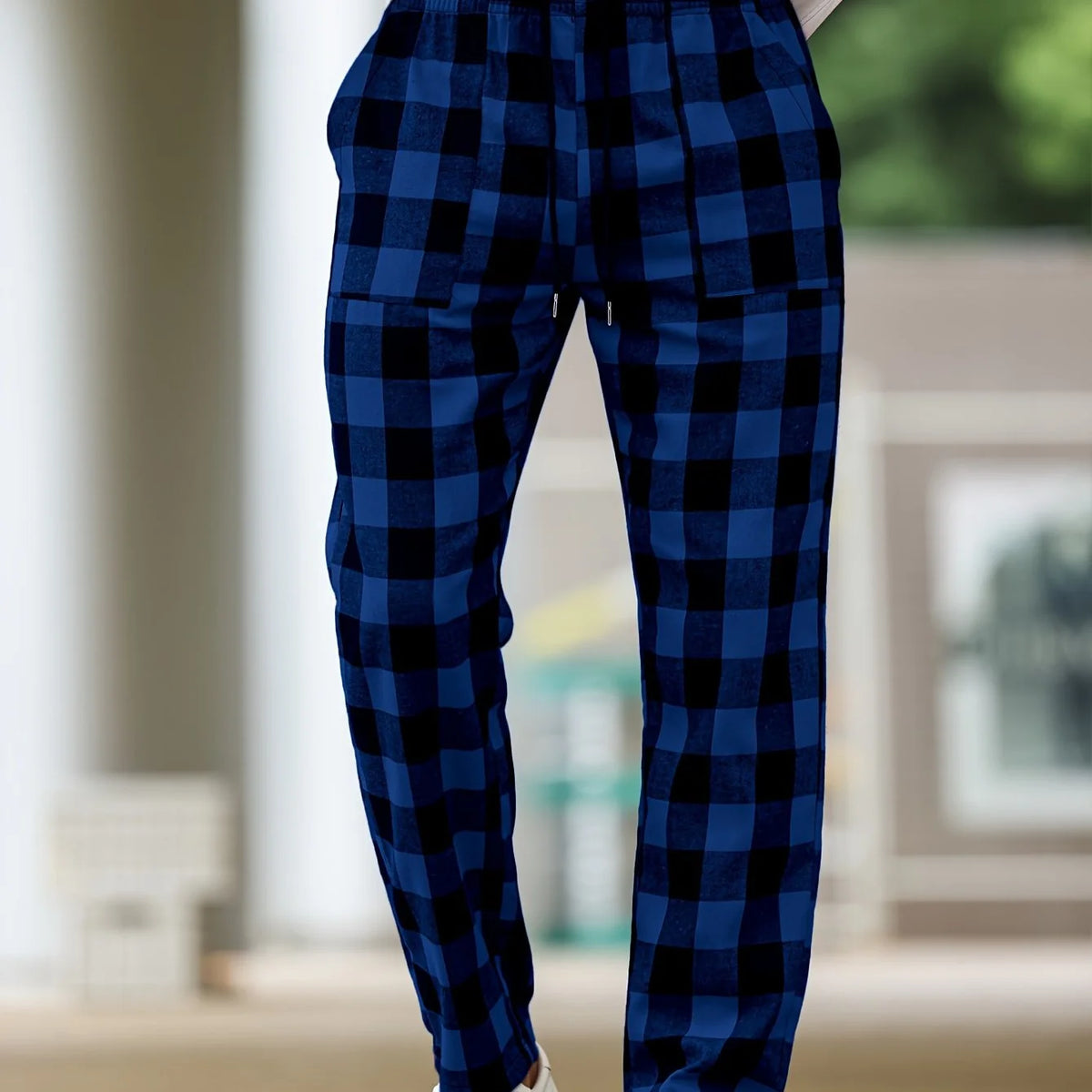 Men's royal blue relaxed Plaid Pajama Pants with Drawstring Waist