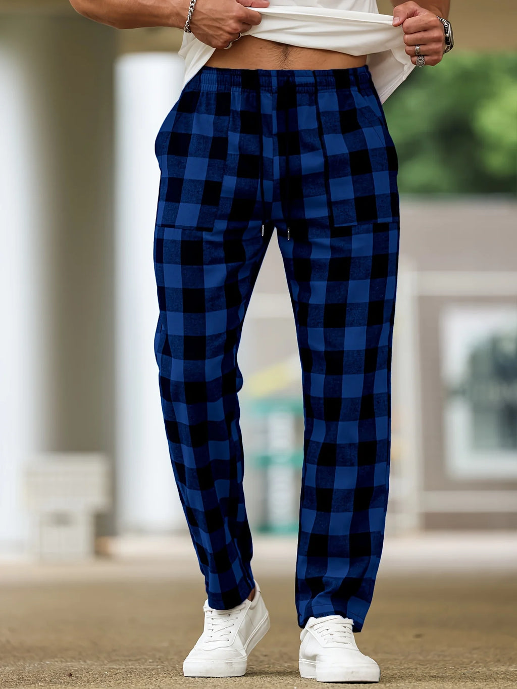 Men's royal blue relaxed Plaid Pajama Pants with Drawstring Waist
