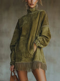 Women's green suede-look fringe turtleneck dress