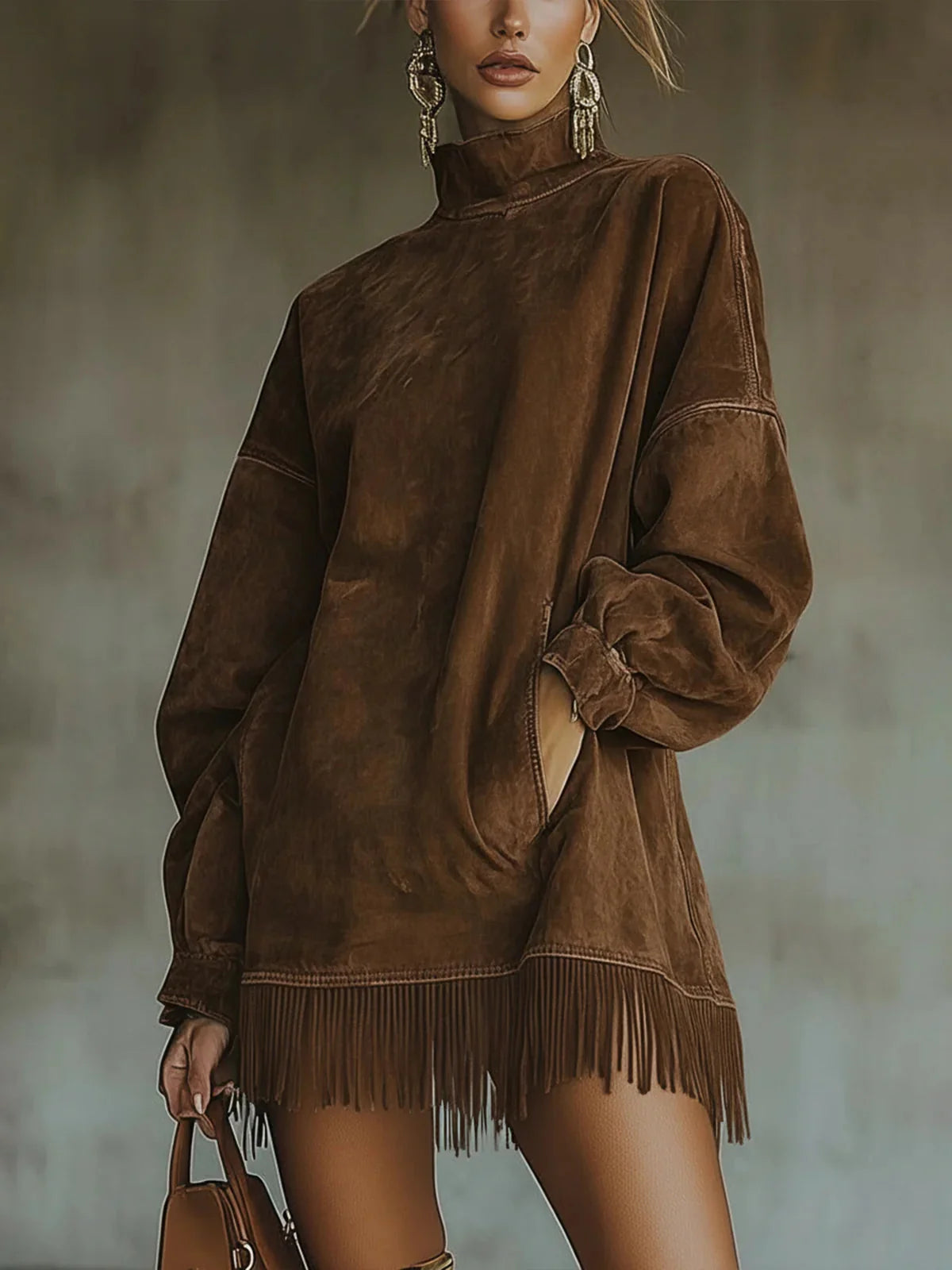 Women's brown suede-look fringe turtleneck dress