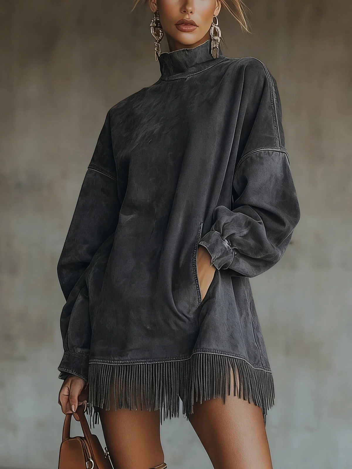 Women's gray suede-look fringe turtleneck dress
