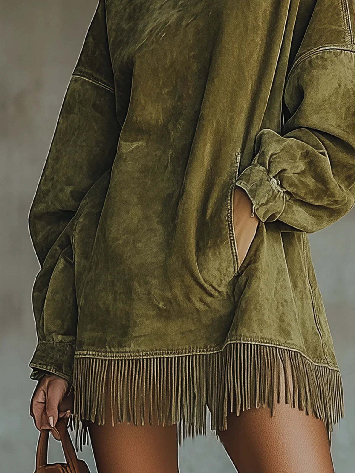 Women's suede-look fringe turtleneck dress
