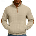 Men's khaki waffle-knit Quarter-Zip Pullover with Elbow Patches