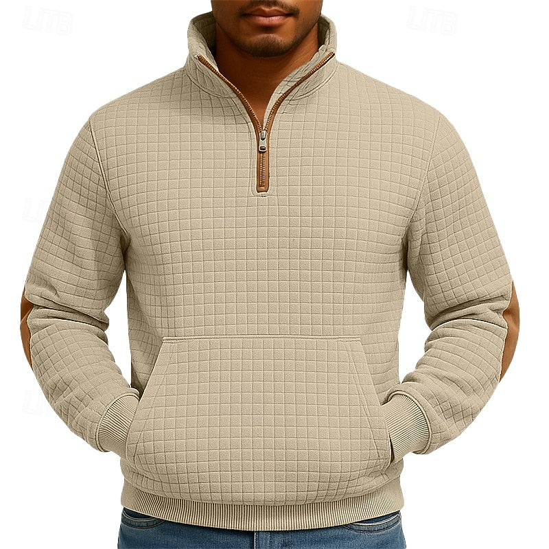 Men's khaki waffle-knit Quarter-Zip Pullover with Elbow Patches
