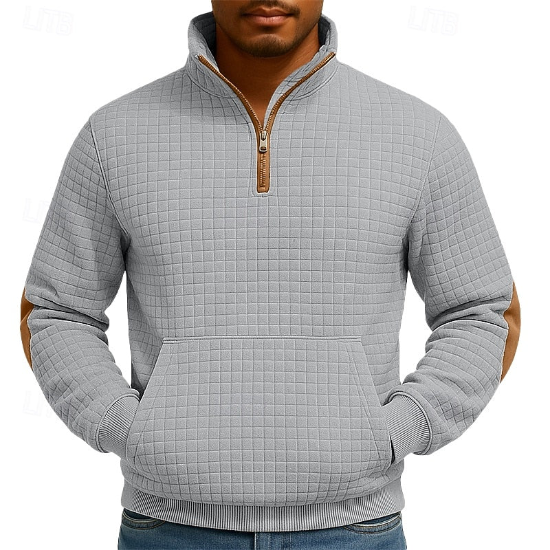 Men's light gray waffle-knit Quarter-Zip Pullover with Elbow Patches