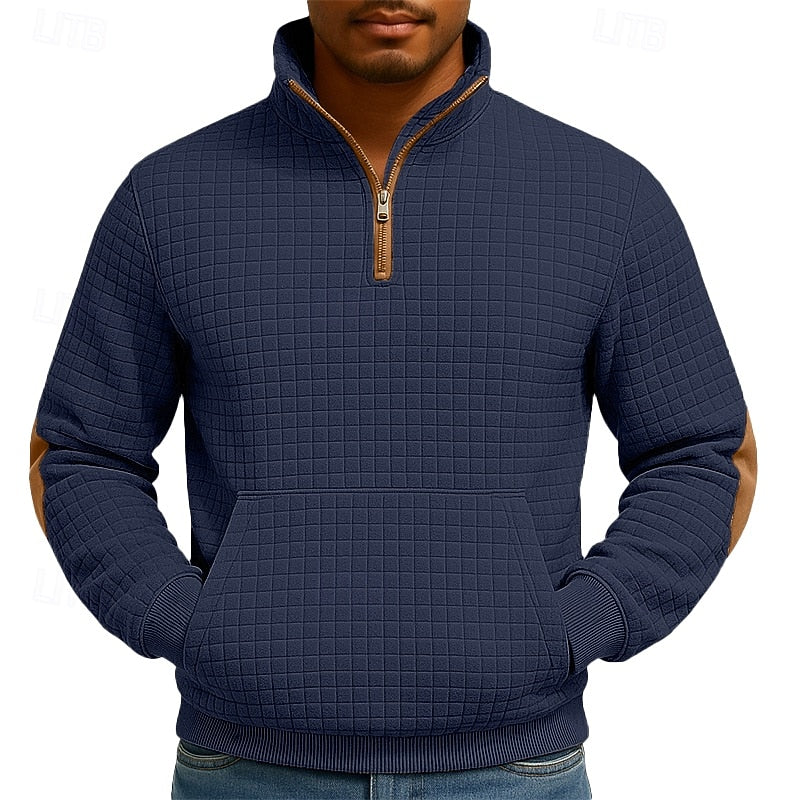 Men's navy blue waffle-knit Quarter-Zip Pullover with Elbow Patches