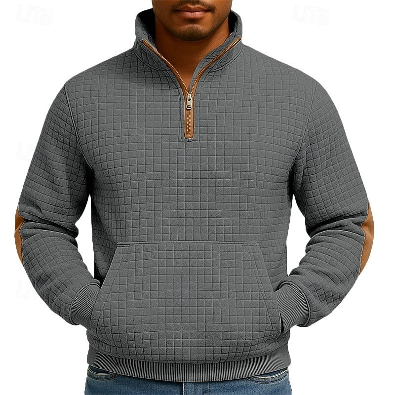 Men's dark gray waffle-knit Quarter-Zip Pullover with Elbow Patches