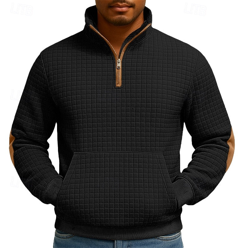 Men's black waffle-knit Quarter-Zip Pullover with Elbow Patches