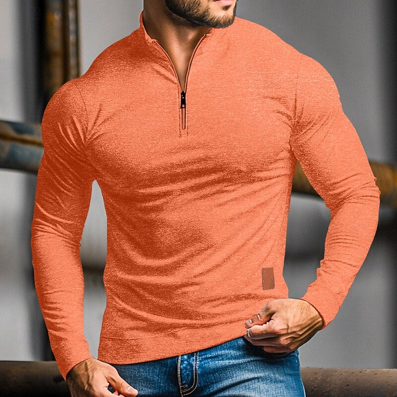 Men's orange slim-fit Quarter-Zip Polo Sweater with Mock Neck