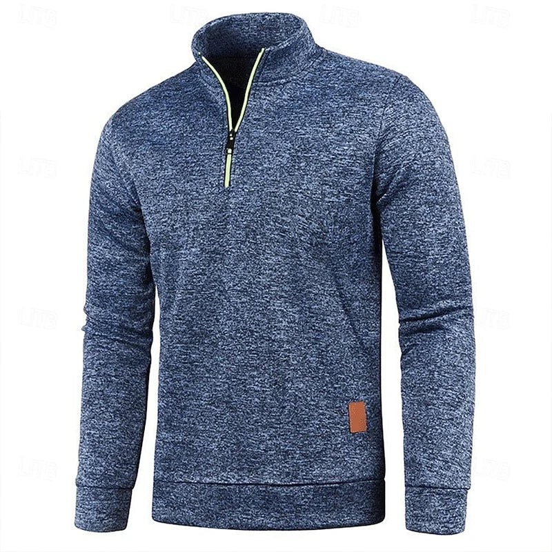 Men's ocean blue slim-fit Quarter-Zip Polo Sweater with Mock Neck