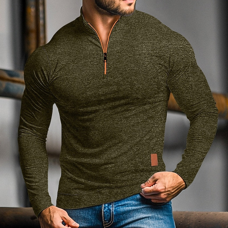 Men's black slim-fit Quarter-Zip Polo Sweater with Mock Neck
