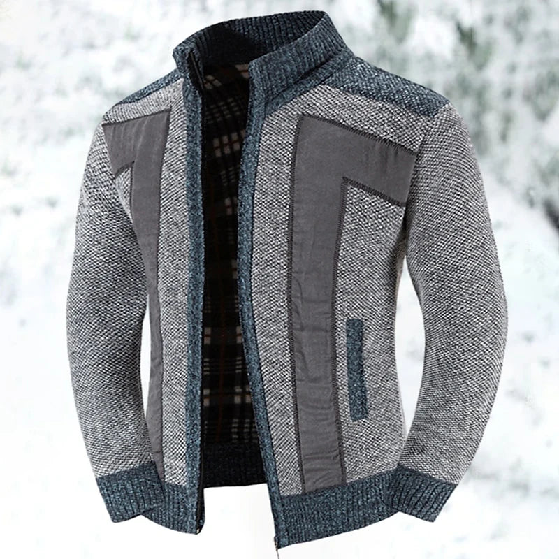 Men's black textured Zip-Up Cardigan Sweater with Plaid Lining