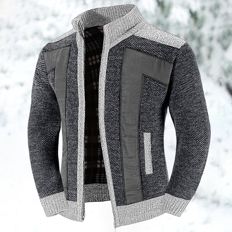 Men's gray textured Zip-Up Cardigan Sweater with Plaid Lining