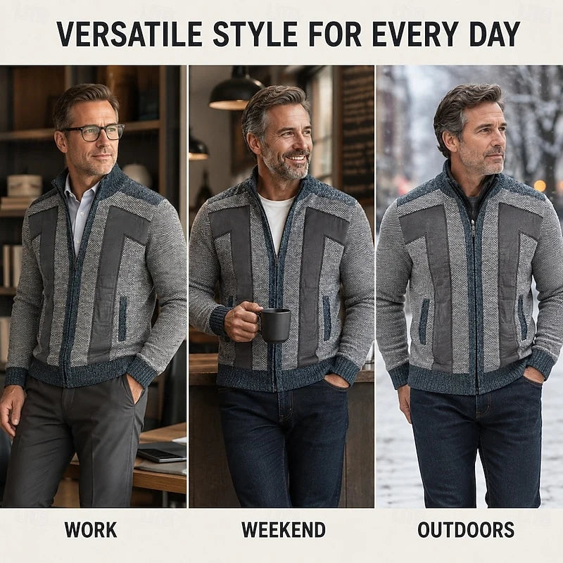 Men's green textured Zip-Up Cardigan Sweater with Plaid Lining