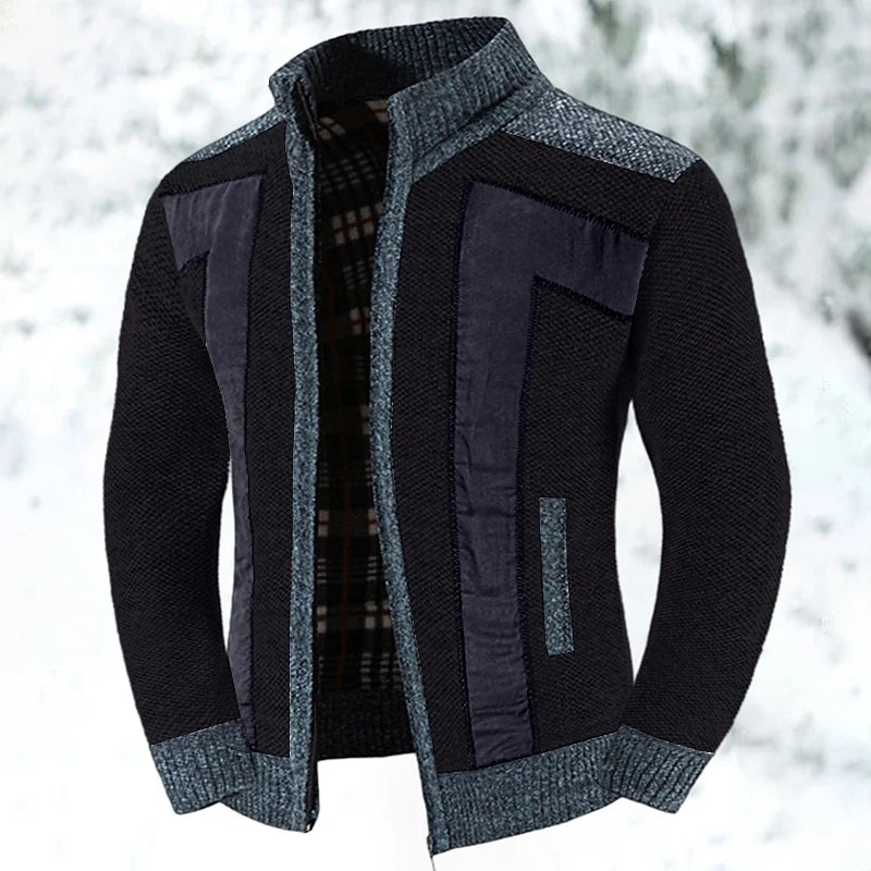 Men's gray textured Zip-Up Cardigan Sweater with Plaid Lining