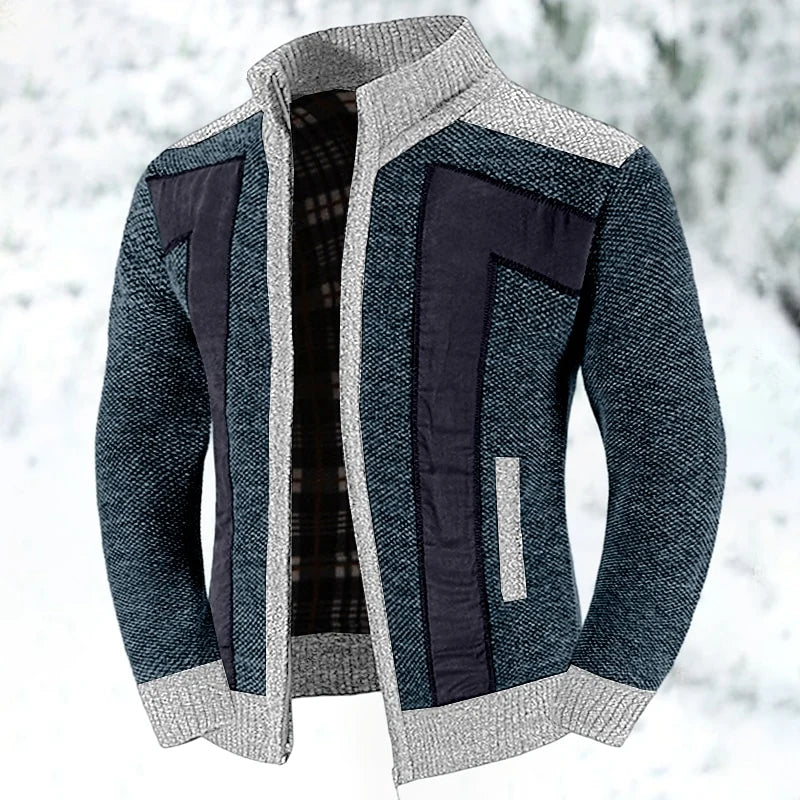 Men's gray textured Zip-Up Cardigan Sweater with Plaid Lining