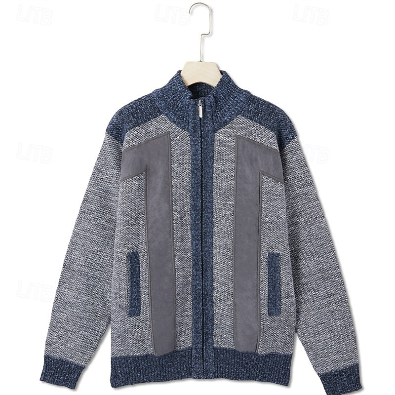 Men's gray textured Zip-Up Cardigan Sweater with Plaid Lining