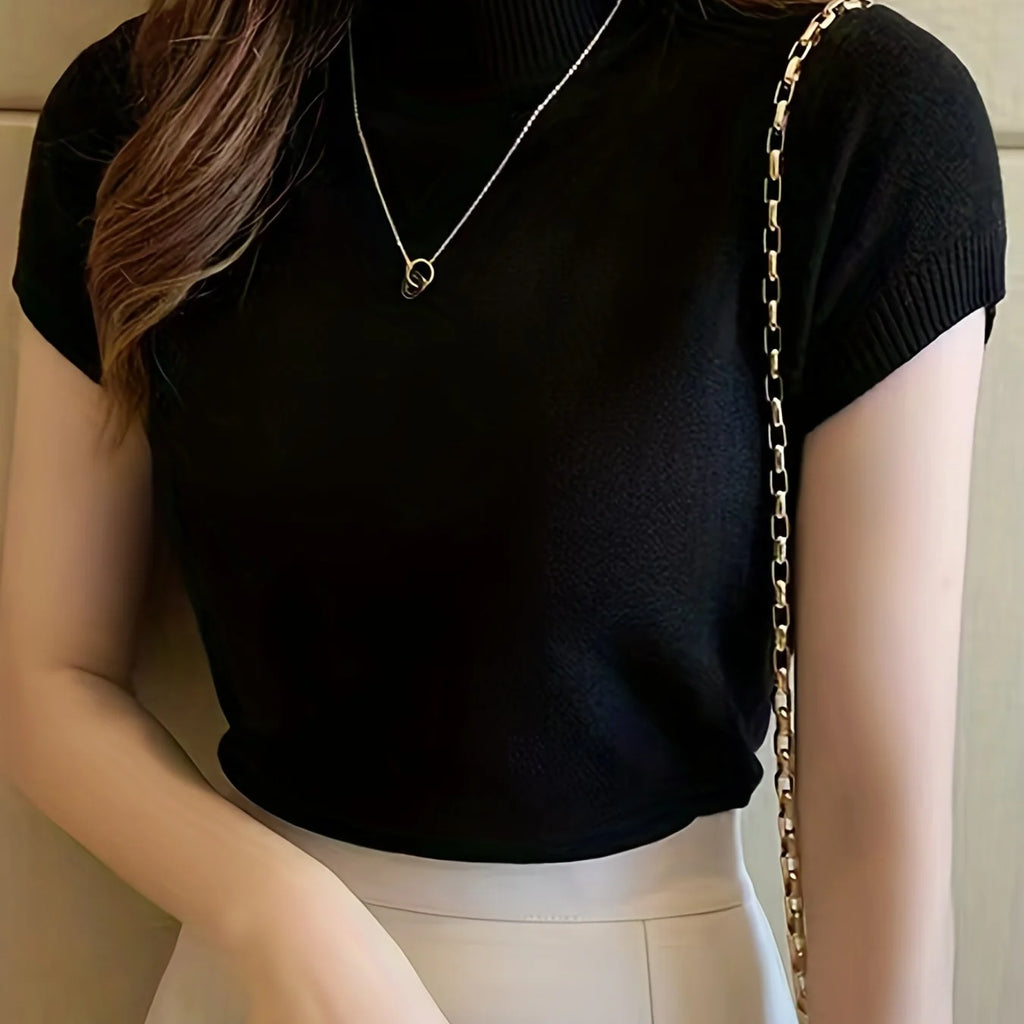 Women's black ribbed mock neck top, fitted short sleeve style