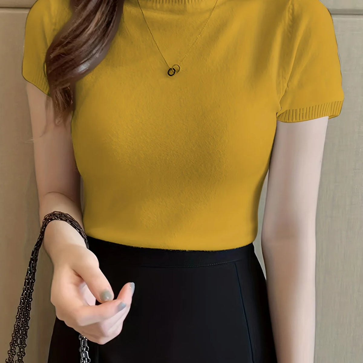 Women's mustard yellow ribbed mock neck top, fitted short sleeve style