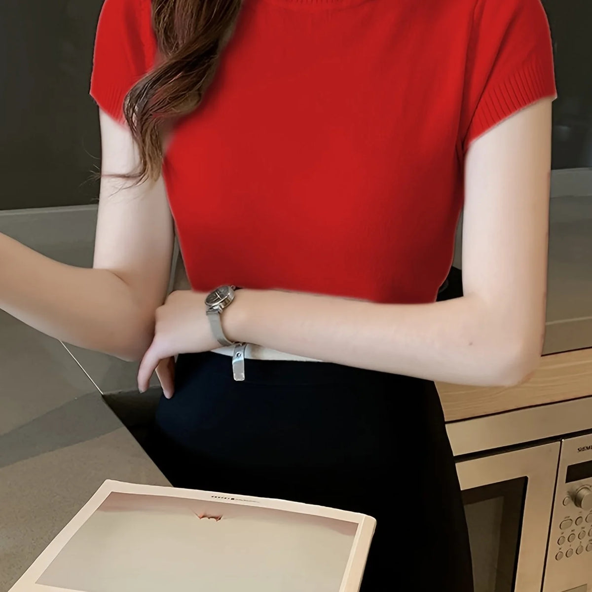 Women's red ribbed mock neck top, fitted short sleeve style