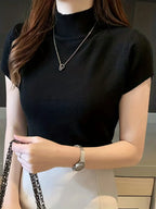 Women's black ribbed mock neck top, fitted short sleeve style