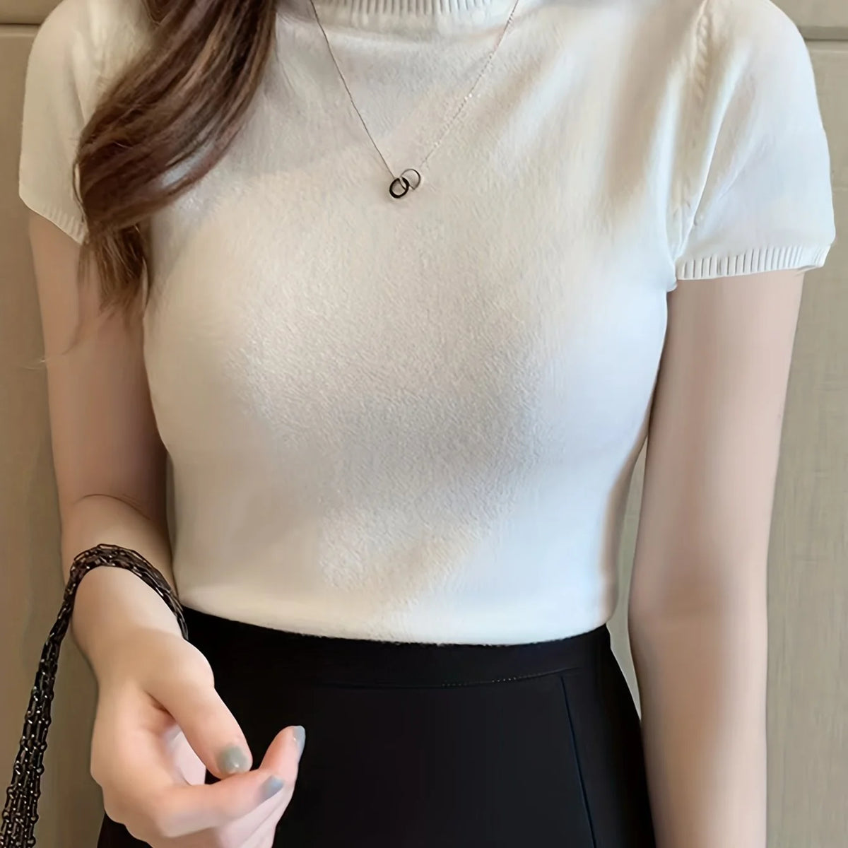 Women's milky white ribbed mock neck top, fitted short sleeve style