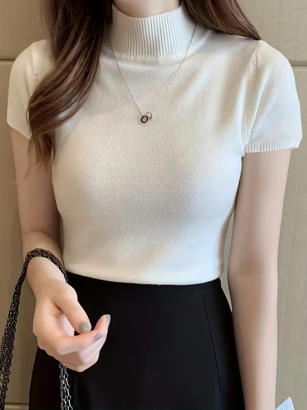 Women's milky white ribbed mock neck top, fitted short sleeve style
