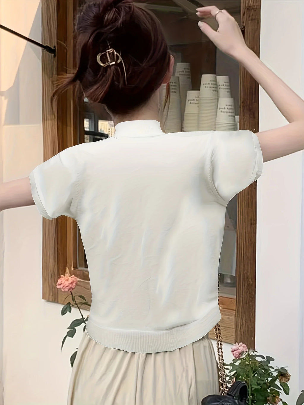 Women's milky white ribbed mock neck top, fitted short sleeve style