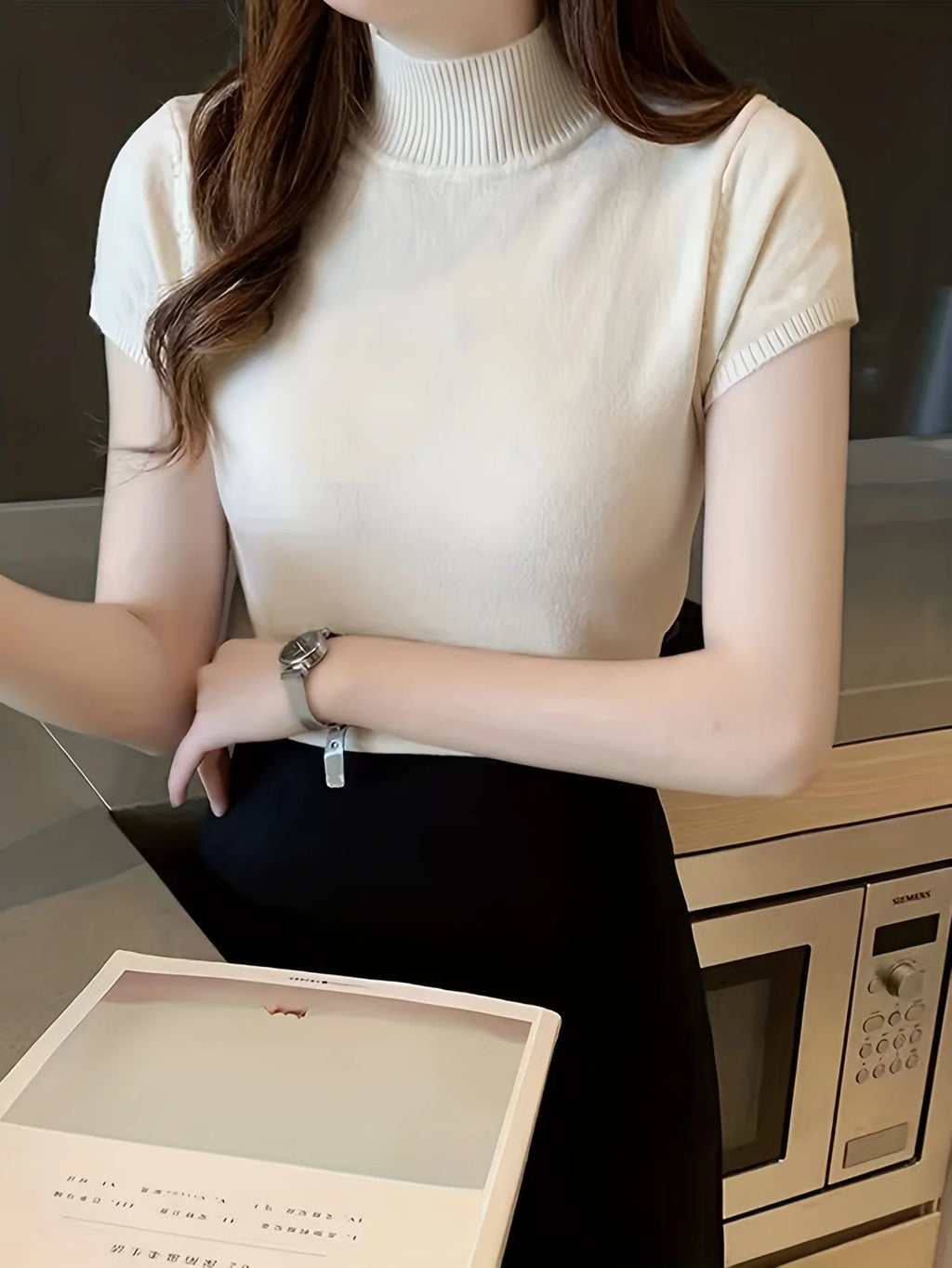 Women's milky white ribbed mock neck top, fitted short sleeve style
